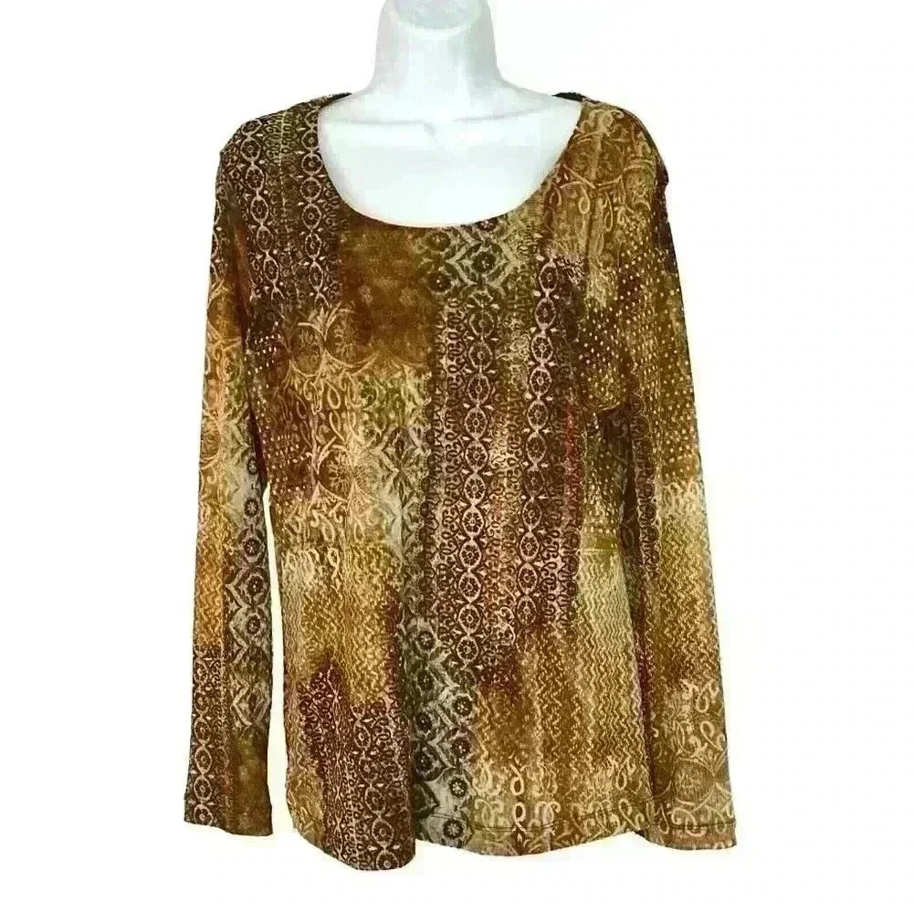 Chicos 3 Top Scoop Neck Batik Print Long Sleeve Stretch Lightweight Brown